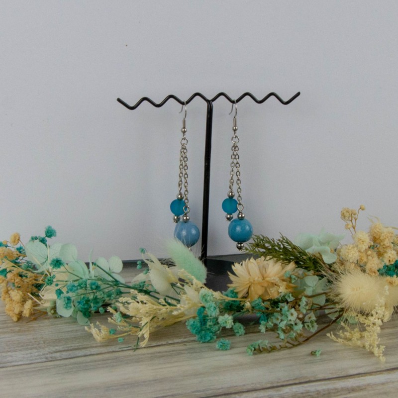 boucles d'oreille - Modèle A, deux brins, chainette acier inoxydable, collection Fjord, teintes bleues