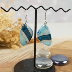 des boucles d’oreilles Triangle, dévoilant les motifs asymétriques et les reflets de bleu.
