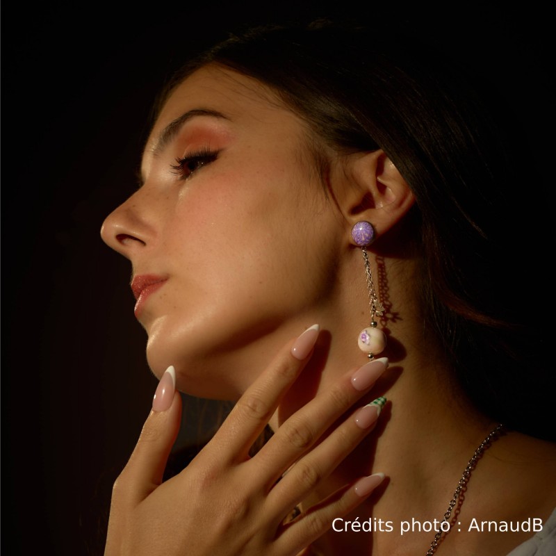 Boucles d’oreilles Velours Mist – Fleur de vie & pampilles millefiori